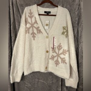 NWT 33 Degrees Cream Tan Gold Snowflake Button Front Cardigan Women’s Size XXL